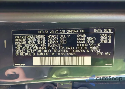 2018 Volvo Xc60 T5 Momentum z USA, uszkodzony, nr VIN YV4102RK8J1085800